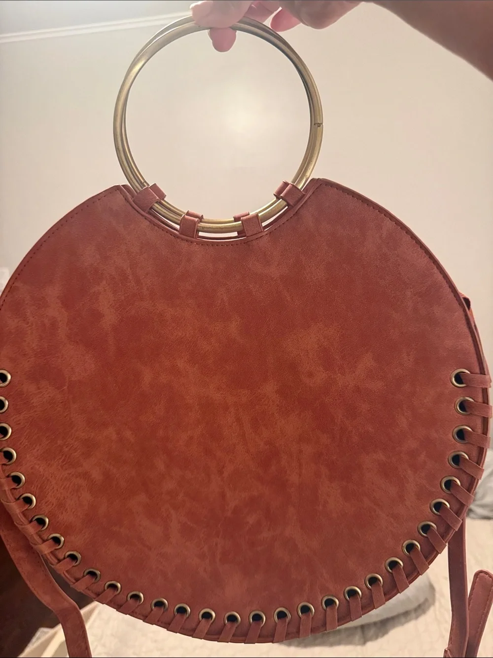 Anthropologie Coral Round Crossbody with Gold Ring Handle